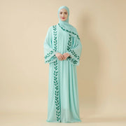 Elegant Crew Neck Long Sleeve Chiffon Abaya Dress with Matching Headscarf (AA230)